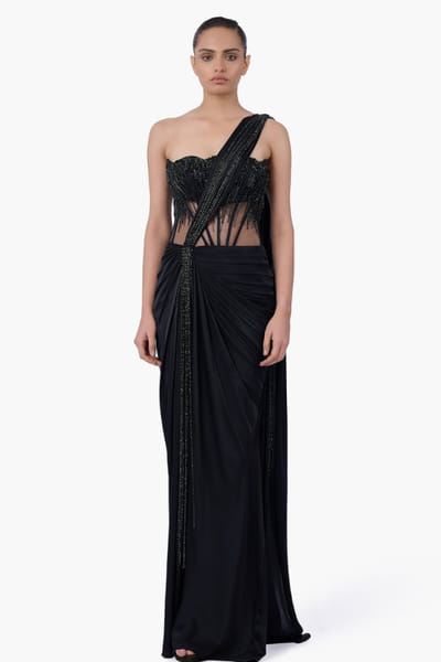 Black embellished and draped sari gown