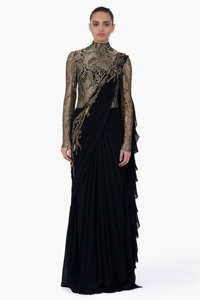 Black gold lace embroidered draped sari gown