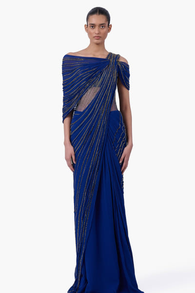 Royal blue embellished and draped sari gown