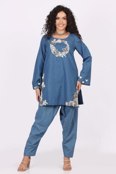Soniya G Blue hand embroidered denim kurta set SONIMAY26D145161