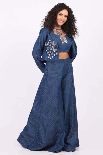 Soniya G Blue hand embroidered denim jacket set SONIMAY26D145162