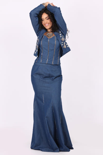 Soniya G Blue hand-embroidered denim skirt set SONIMAY26D145164