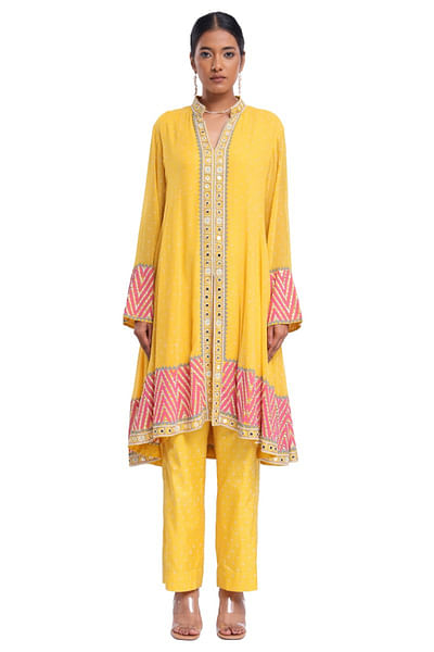 Yellow block print and embroidered kurta set