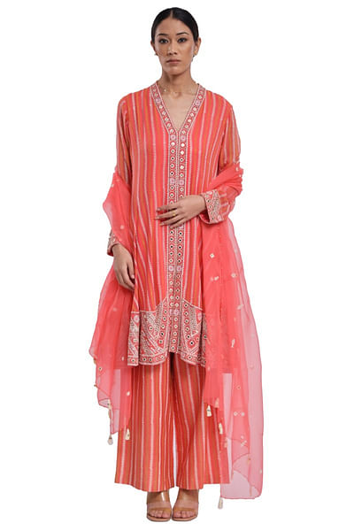 Pink block print embroidery kurta set