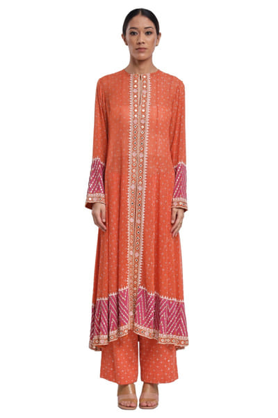 Orange block print and embroidered kurta set