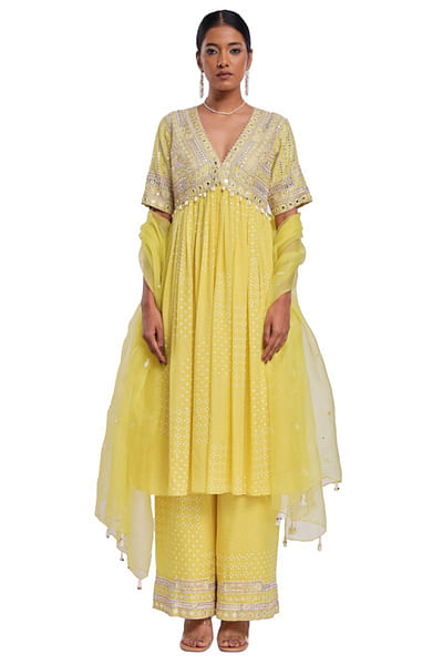 Lime green block printed embroidered kurta set