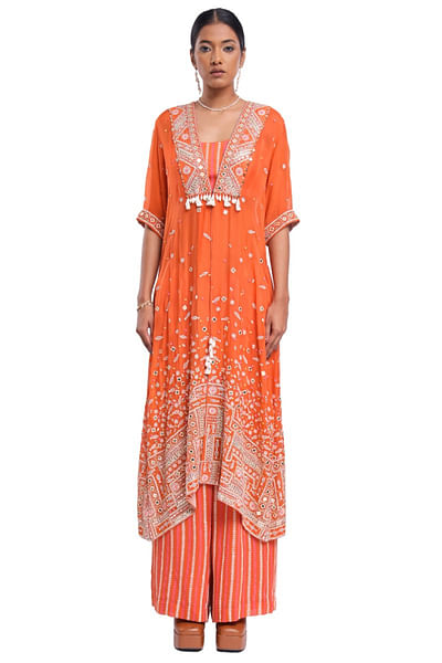 Orange embroidered and block printed kurta set
