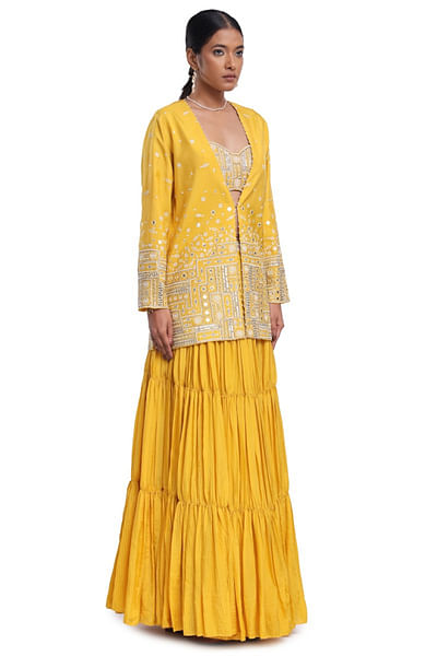 Yellow resham embroidery jacket skirt set
