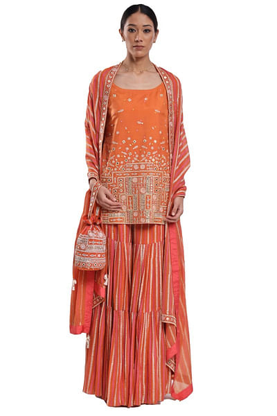 Orange block printed kurta and sharara set