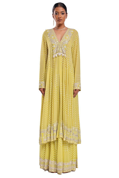 Lime green block printed anarkali sharara set