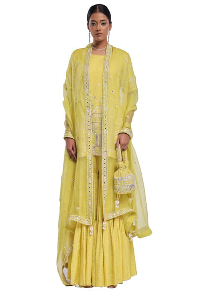 Lime green block printed kurta and sharara set