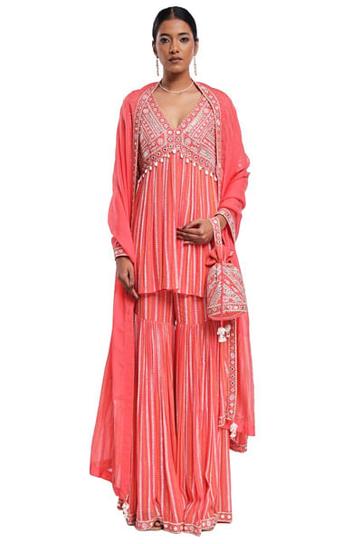 Pink embroidered block printed sharara set