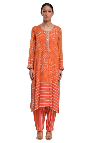 Orange dot-stripe block printed kurta set