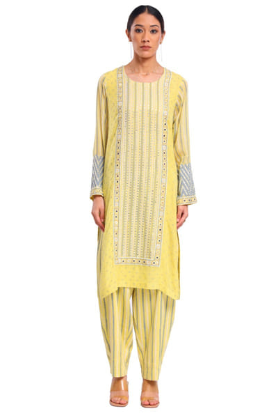 Lime green block print and mirror kurta set