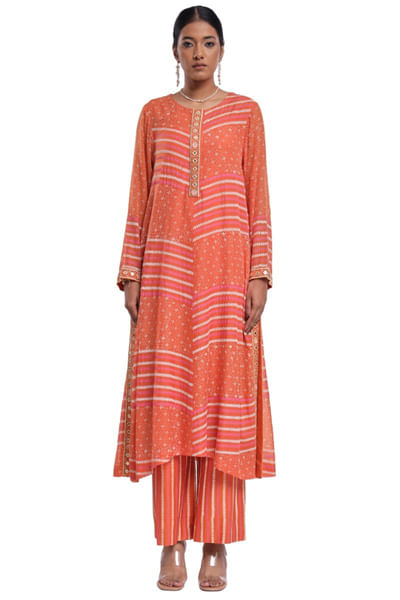 Orange stripe-dot block printed kurta set