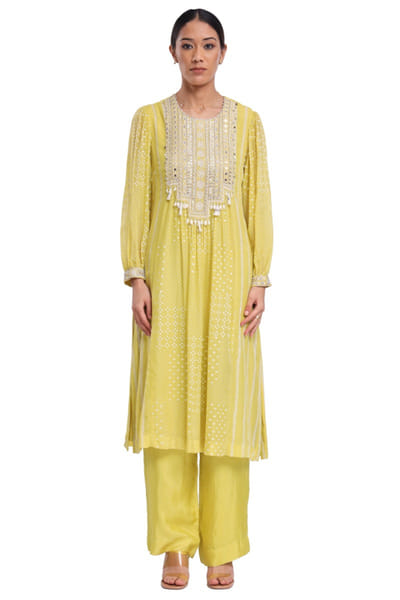 Lime green embroidery block print kurta set