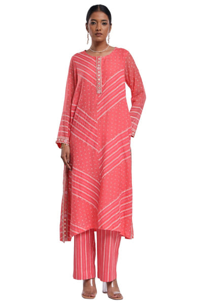 Pink stripe-dot block printed kurta set