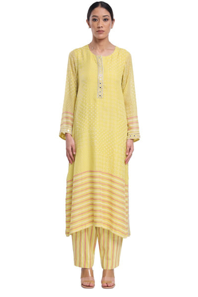 Lime green dot-stripe block printed kurta set