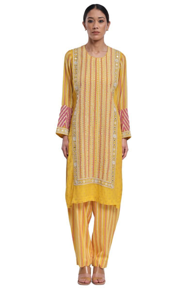 Yellow block print and mirror kurta set