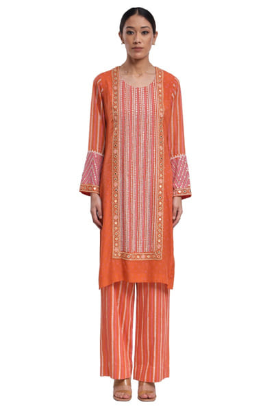 Orange block print and mirror kurta set
