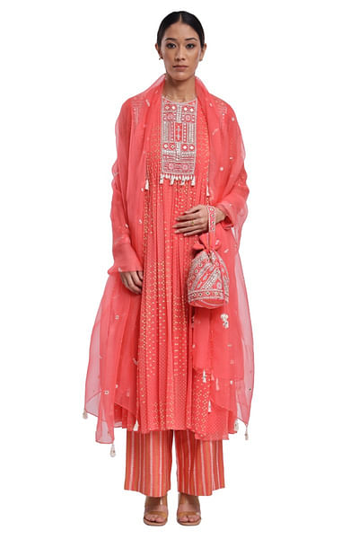 Pink embroidery and block print anarkali set