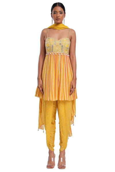 Yellow block print embroidery kurta dhoti set