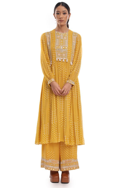 Yellow block print and embroidery anarkali set