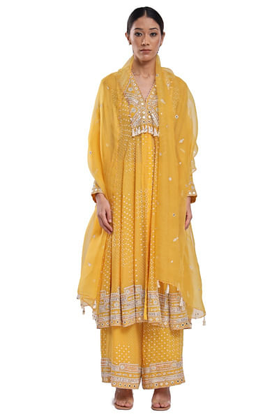 Yellow embroidery and block print anarkali set