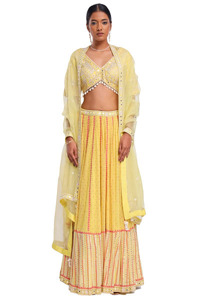 Lime green block print embroidery lehenga set