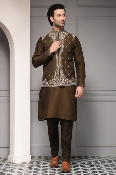 Olive embroidered nehru jacket set