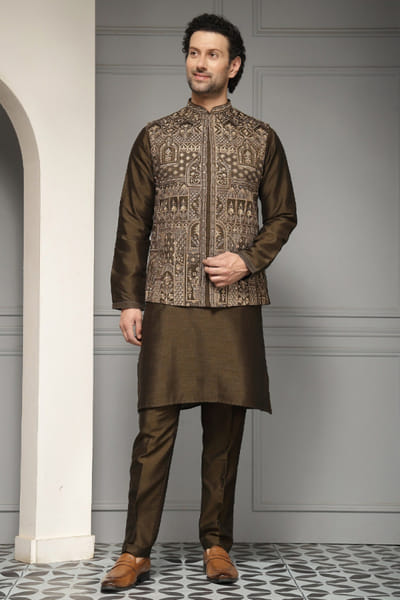 Olive embroidered nehru jacket set
