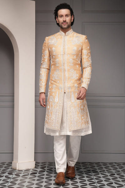 Peach ivory embroidered sherwani set