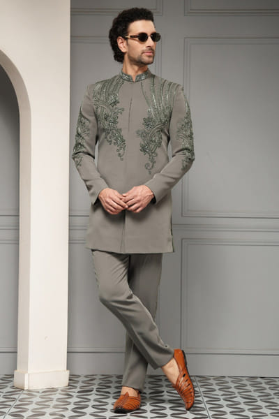 Grey embroidered bandhgala set