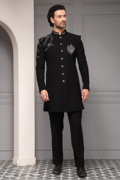 Black silver embroidered bandhgala set