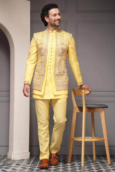 Yellow embroidered bandhgala set