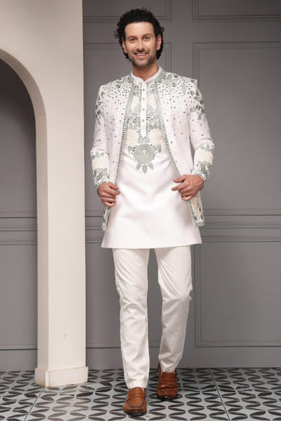 Ivory floral embroidered nehru jacket set