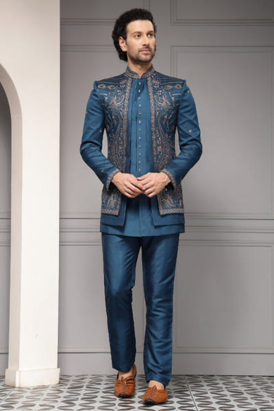 Teal blue embroidered bandhgala set