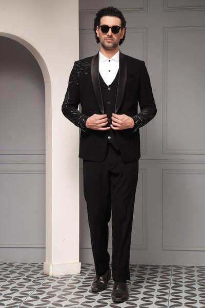 Black tonal embroidered tuxedo set