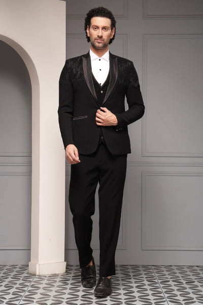Black tonal embellished tuxedo set