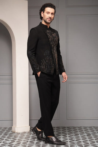 Soniya G Black metallic embroidered bandhgala set SONMAR26D140448