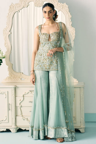 Sanya Gulati Aqua green embellished kurta and sharara set SANYMAY26D145333