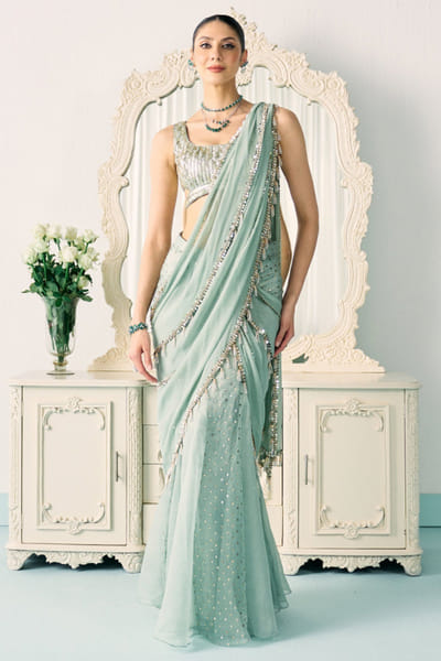 Sanya Gulati Aqua green mukaish embroidered sari set SANYMAY26D145334