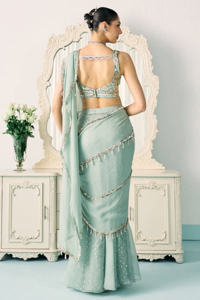 Sanya Gulati Aqua green mukaish embroidered sari set SANYMAY26D145334