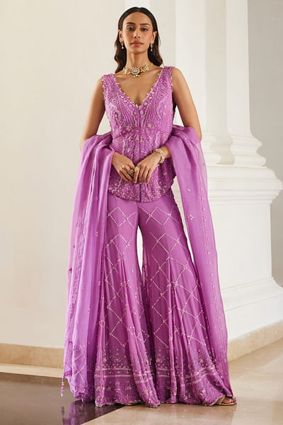 Bubble gum pink sequin embroidered sharara set