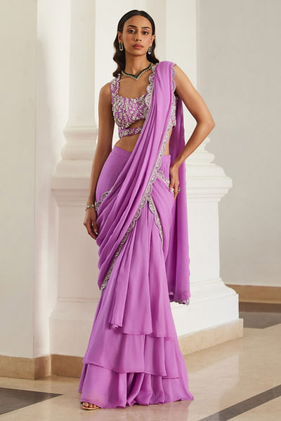 Bubble gum pink sequinned pre-draped sari set