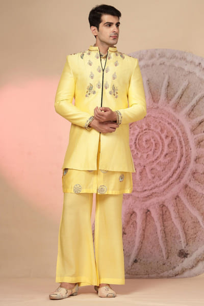 Yellow embroidered chanderi silk jacket set