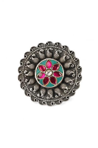 Silver floral enamel ring