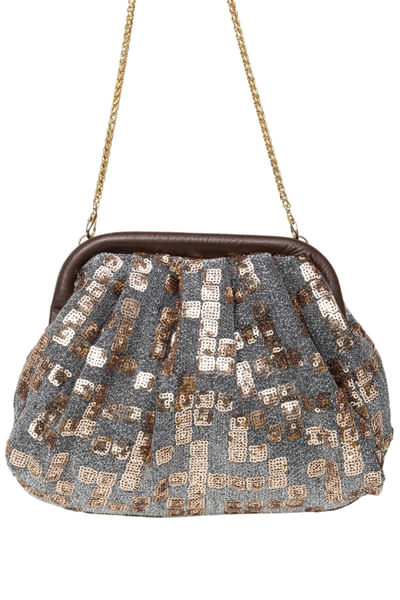 Brown sequinned embroiderd clutch