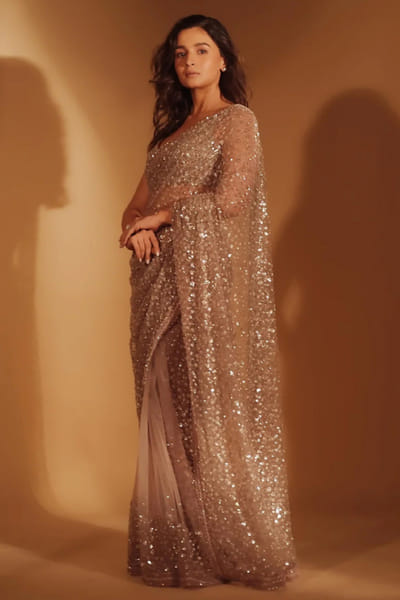 Sawan Gandhi Blush pink bead-cutdana embellished sari set SAWAJUN26D147830