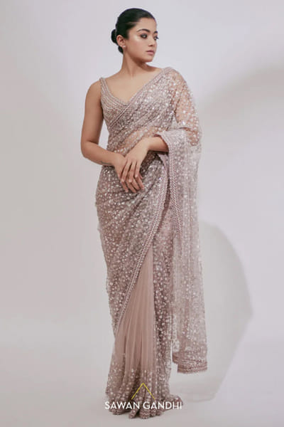 Sawan Gandhi Blush pink bead-sequin embellished sari set SAWAJUN26D147834